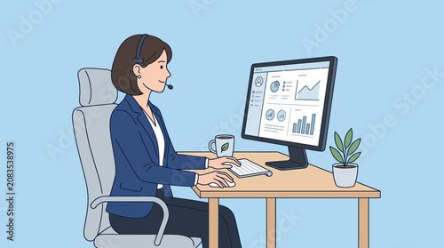 Professional customer service representative working on computer at office desk with analytics dashboard for business communication support