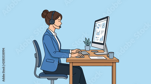 Illustration of a professional woman wearing a headset and working on a computer at her desk