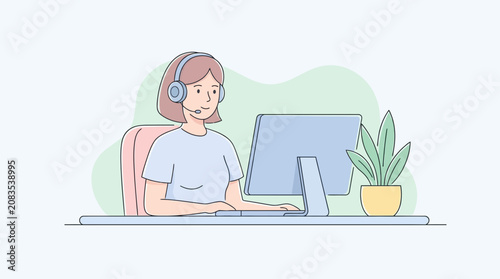 Woman Working Remotely at Her Desk Using Computer and Headset for Professional Online Communication and Customer Support Assistance