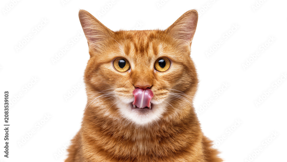 Fototapeta premium Orange tabby cat licking its nose with pink tongue