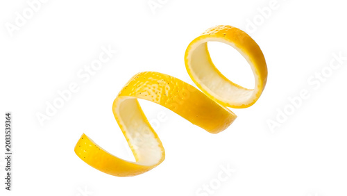 IA generated, high quality studio shot of a fresh yellow lemon peel spiral isolated on a clean white background, ideal for food ingredient, cocktail twist and citrus cosmetic concepts.