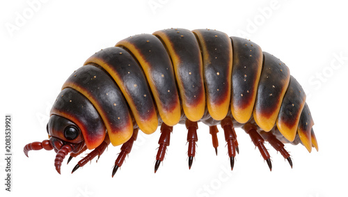 Canvastavla Giant millipede with segmented body dark exoskeleton, and yellow-orange bands