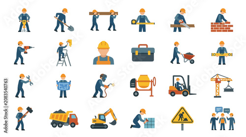 Monochrome Line Art Construction Team with Tools and Equipment in Action Editable Stroke Design for Commercial Use