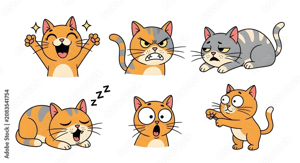 Fototapeta premium Cartoon Cat Faces Collection Vector Illustration With Various Expressions