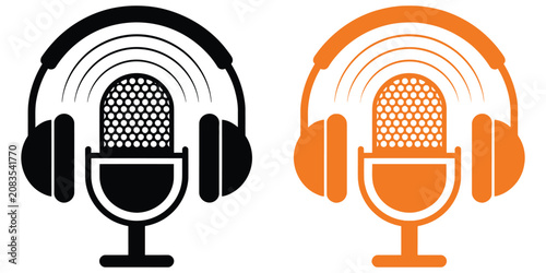 Podcast Icon with headphones, microphone, black and orange audio symbols, recording, broadcasting, studio vector design.