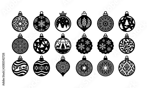 Set of black christmas tree bauble ornaments in various decorative designs