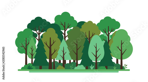 Foto Vibrant Flat Design Forest Scene with Diverse Green Trees and Foliage