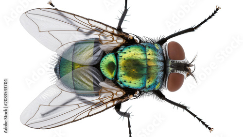 Metallic green and blue fly with large brown eyes and wings