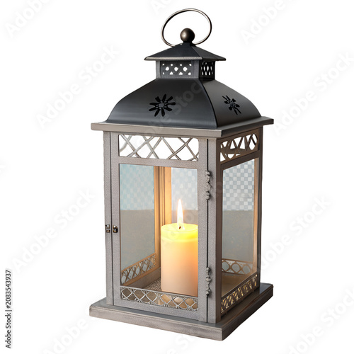 Rustic metal lantern with glowing pillar candle inside decorative interior illumination ambiance atmosphere isolated background traditional reflection structure homeware accessory