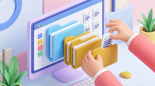 Hands organize digital files on computer monitor in 3D render.