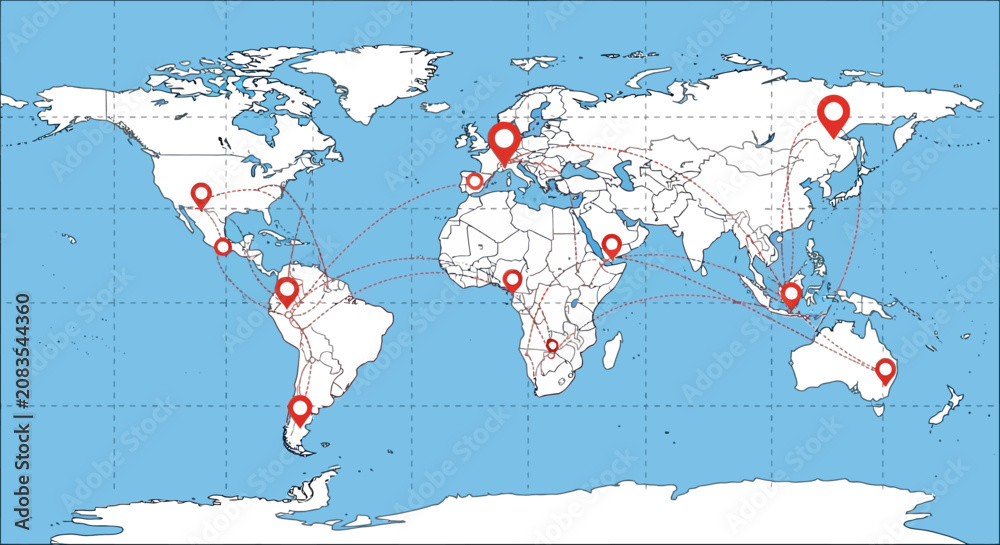Fototapeta premium Global Connection Map: World Map with Location Pins and Connecting Lines
