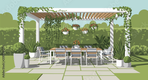 Quadro su tela Modern Pergola Patio with Outdoor Dining Set and Hanging Plants