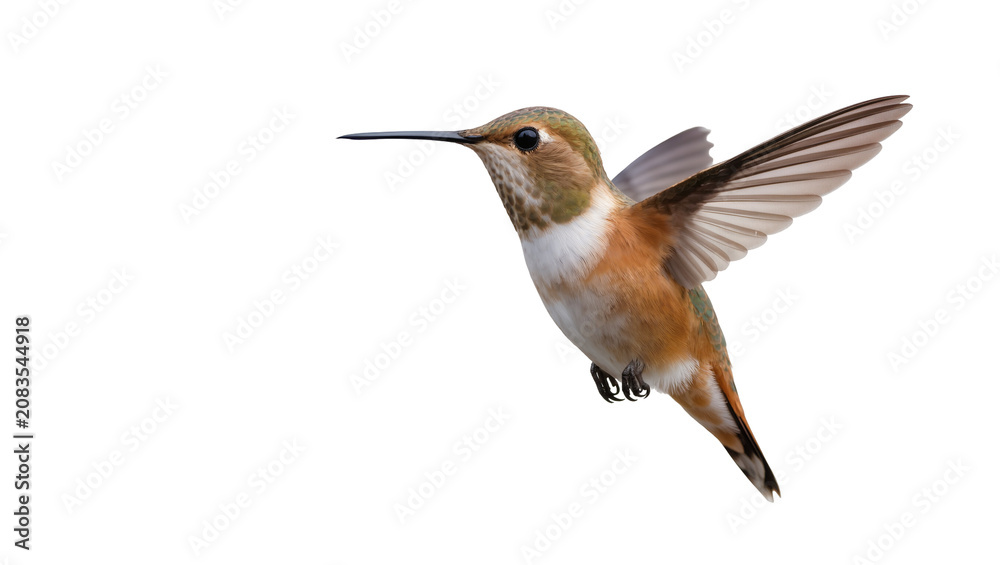 Fototapeta premium Rufous hummingbird in flight with wings spread