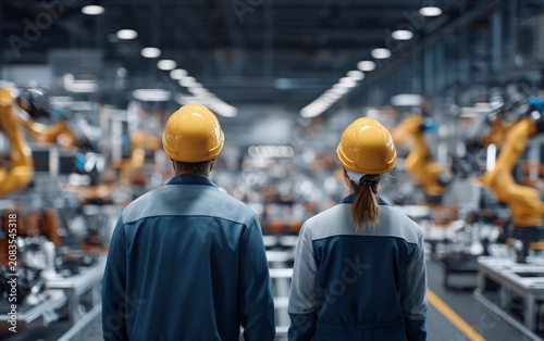 Male and female engineers in hard hats walking away from camera in factory