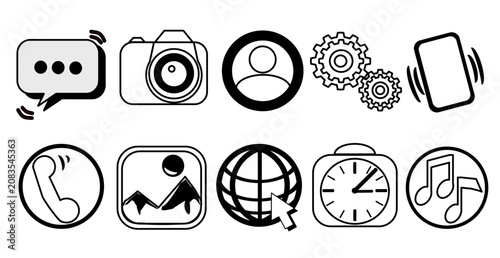 Minimalist black and white smartphone icon set. Includes chat, camera, user profile, settings, phone, gallery, web, clock, and music vector symbols for mobile UI/UX design.
