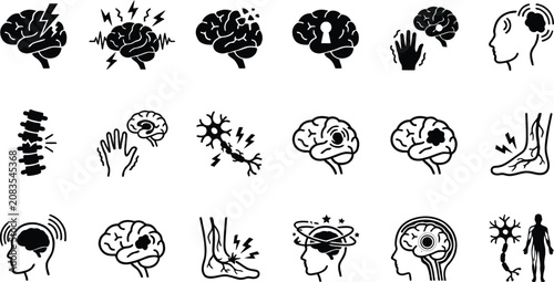 A collection of black and white medical icons depicting various neurological conditions and brain health issues presented in a clean minimalist flat vector art style.
