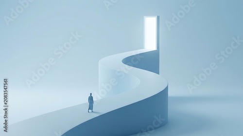 A business person walking up a winding path towards a bright glowing doorway representing success and professional future