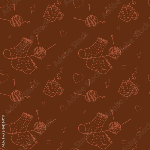Cozy Autumn Knitting Seamless Pattern with Warm Socks, Yarn Ball and Hot Coffee in Hand Drawn Doodle Style Vector