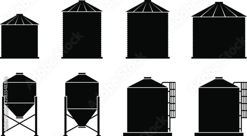 Agricultural Grain Storage Silhouette Bundle with Farm Silos and Hopper Bin Vector Icons
