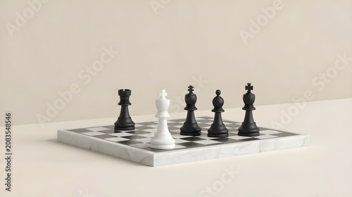White King Facing Black Chess Pieces on Marble Board Isometric View 3D Render