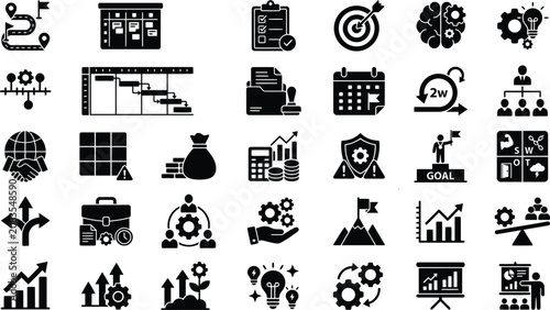 Project management and strategic planning vector icons set for business development operations.