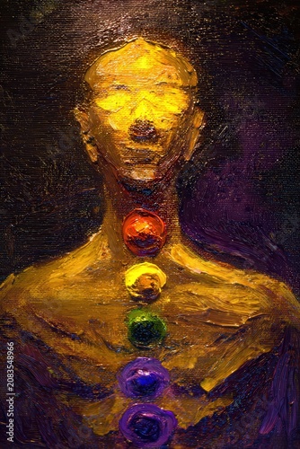 Abstract illustration of human silhouette with glowing energy chakra points for spiritual healing and mindfulness