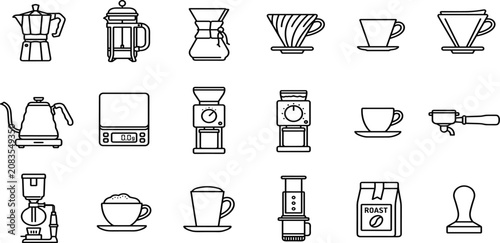 Foto Coffee Brewing Equipment Icon Set Featuring Pour Over French Press Espresso Grin