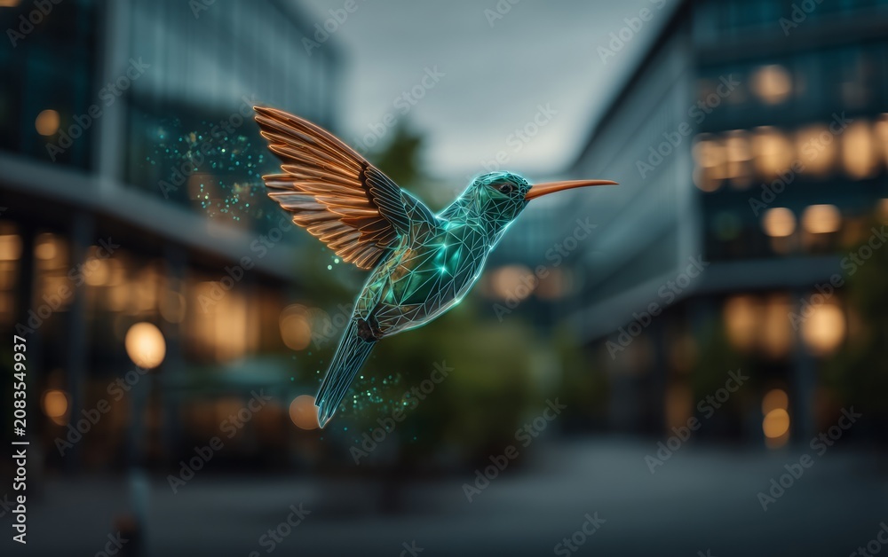 Fototapeta premium Vibrant Neon Hummingbird in Futuristic Cityscape with Tech Elements