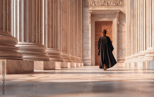 Female Judge in Full Court Robes Walking Away from Camera in Courthouse