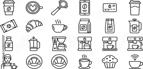 Принти на полотні Coffee Shop and Beverage Icon Set Featuring Espresso Brewing Takeaway Cups Crois