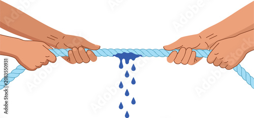 Tableau sur toile Tug of War Hands Wringing Blue Water from Wet Rope Vector Illustration for Water