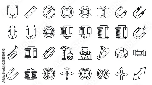 Foto Set of 30 modern outline icons about magnets and magnetic concepts including hor