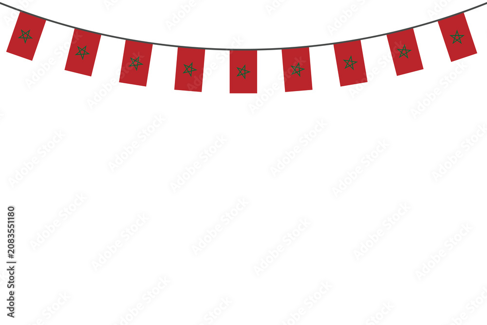 Fototapeta premium Moroccan flag bunting decorations isolated on white background, ideal for national events and Fête du Trône.