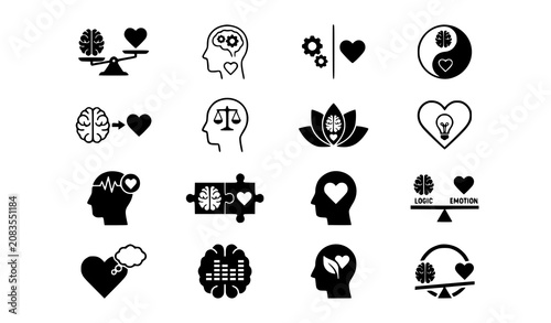Canvas Print Black and White Mind and Heart Balance Vector Icon Set