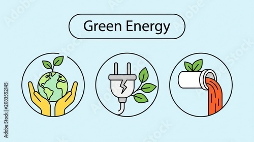 Green energy icons set sustainable living renewable resources and environmental protection illustration