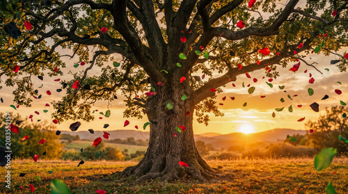 Majestic oak tree in a golden sunset field with colorful falling petals and rolling hills