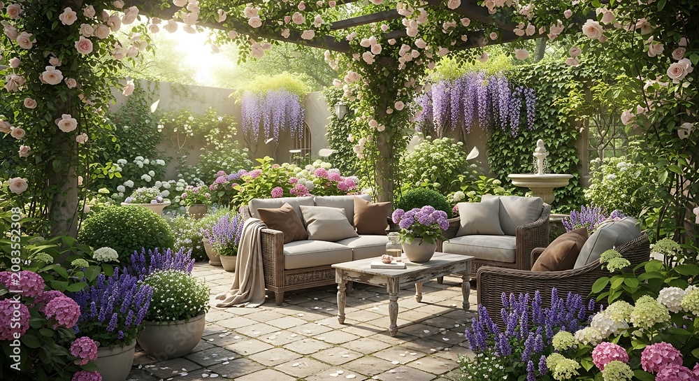 Fototapeta premium A serene and inviting garden patio adorned with lush flowering plants, comfortable outdoor furniture, and a charming pergola, bathed in warm sunlight.