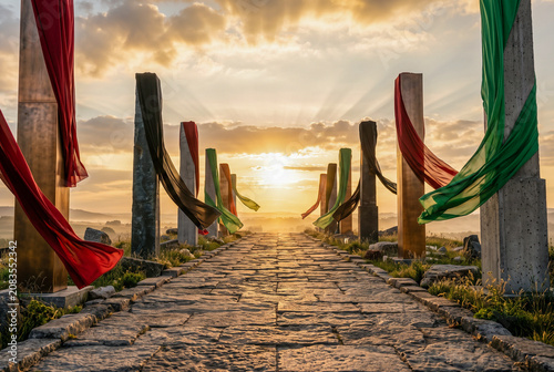Stone path lined with pillars and flowing colorful fabrics leading toward a golden sunset