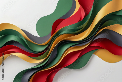 Abstract 3D layered paper cut waves in red, green, gold, and black colors on a white background