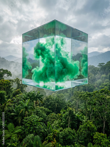 Surreal concept of a glass cube filled with green smoke floating above a lush tropical rainforest canopy