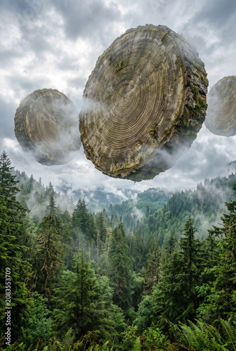 Surreal landscape with massive floating tree trunk cross-sections hovering over a misty evergreen forest