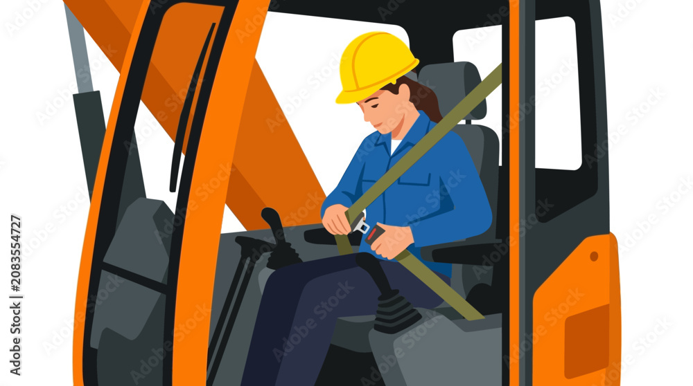 Fototapeta premium Construction worker fastening seatbelt in excavator cab, safety first concept