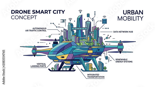 Foto Drone Smart City Concept: Urban Mobility, Autonomous Air Traffic Control