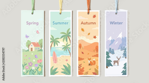 Set of paper bookmarks representing four seasons of the year with spring summer autumn and winter landscapes