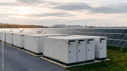 Rows of white battery storage units stand beside a large solar panel field under an overcast sky