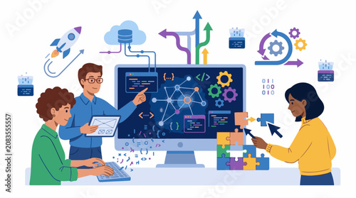 Diverse team collaborates on coding and puzzle-building project