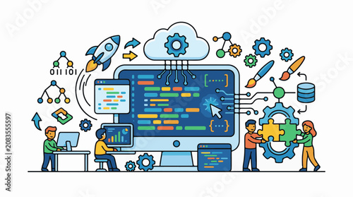 Diverse team collaborates on coding and software development project