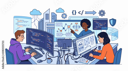 Diverse team collaborates on coding data analysis and UI design