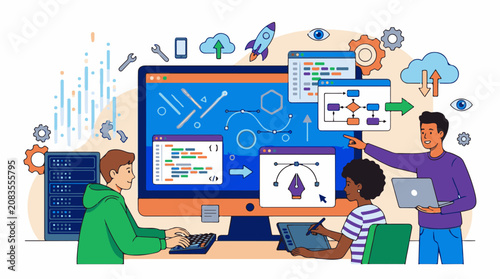 Diverse team collaborates on coding design and cloud integration