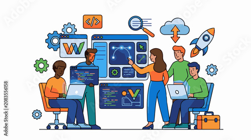 Diverse team collaborates on coding and design projects